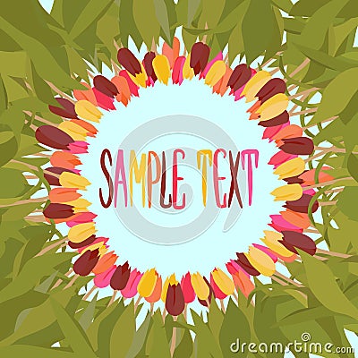 Round frame of pink, orange, yellow and dark red tulips painted by hand on blue background. Vector Illustration