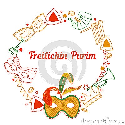 Round frame with Purim traditional objects. Hand drawn outline color vector sketch illustration Vector Illustration