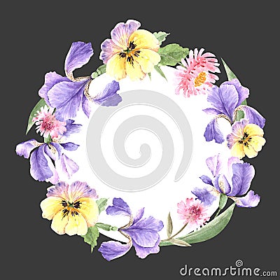 Round frame of purple irises flowers, watercolour illustration Cartoon Illustration