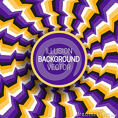 Round frame on purple yellow optical illusion hypnotic background of rotating broken stripes Vector Illustration