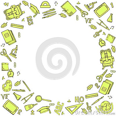 Round frame of school supplies. Vector black and white illustration. Linear doodles. Vector Illustration