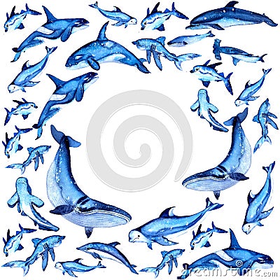 Round frame with sea creatures. Watercolor. Hand drawn whale, shark, dolphin, killer whale, fish, beluga Stock Photo