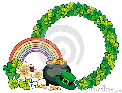 Round frame with shamrock and leprechaun pot of gold. Raster clip art. Stock Photo