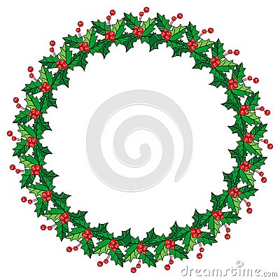 Round frame in shape of wreath with holly berry. Stock Photo