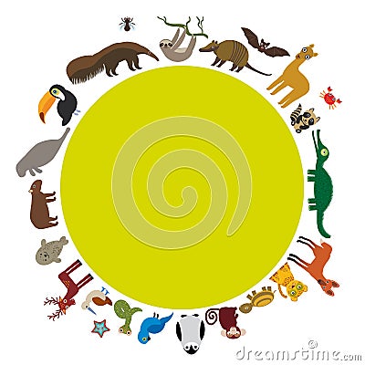 Round frame. Sloth anteater toucan lama bat seal Vector Illustration