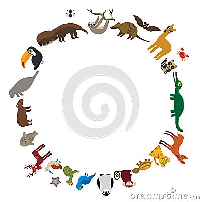 Round frame. Sloth anteater toucan lama bat seal armadillo boa manatee monkey dolphin Maned wolf raccoon jaguar Hyacinth macaw liz Vector Illustration