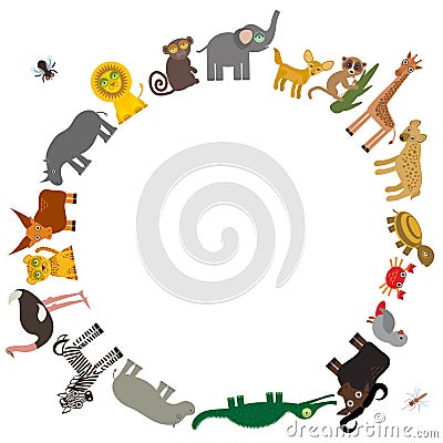 Round frame for text Animal Africa: parrot Hyena Rhinoceros Zebra Hippopotamus Crocodile Turtle Elephant snake Vector Illustration