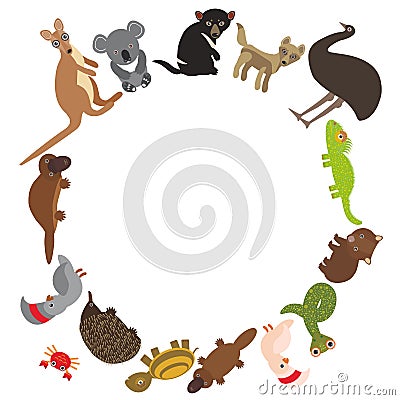 Round frame for text Animals Australia: Echidna Platypus ostrich Emu Tasmanian devil Cockatoo parrot Wombat snake Monitor lizard Vector Illustration