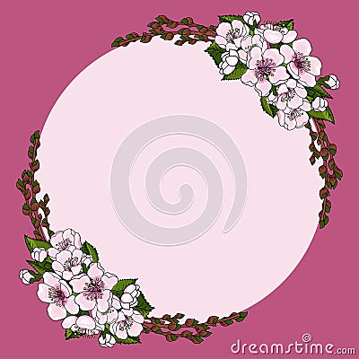 Round frame for text, decorated with cherry flowers and young branches with green buds. Vector Illustration