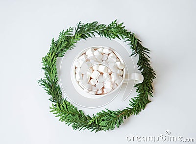 Round frame Twigs of green fresh evergreen spruce and mug with hot drink and marshmallows on white background. Top view Stock Photo