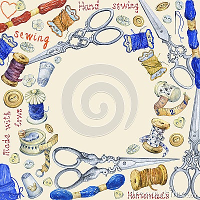 Round frame with various vintage objects for sewing, handicraft and handmade. Cartoon Illustration