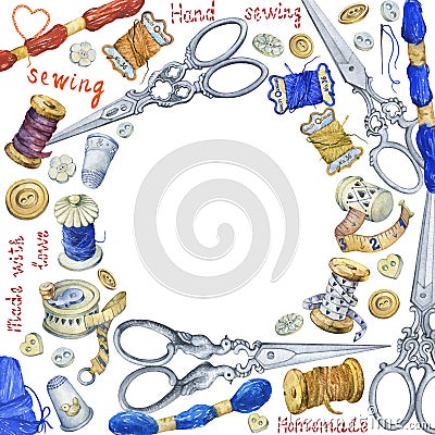Round frame with various vintage objects for sewing, handicraft and handmade. Cartoon Illustration