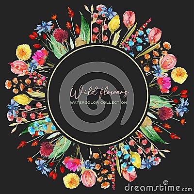 Round frame of watercolor cornflowers, dandelion, clover and other wildflowers Cartoon Illustration