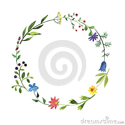 Round frame with watercolor doodle plants and flowers Stock Photo