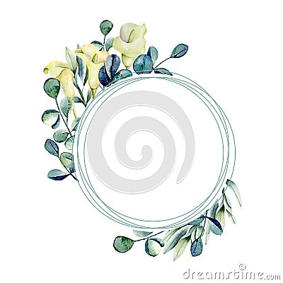 Round frame with watercolor white callas flowers and eucalyptus branches Stock Photo