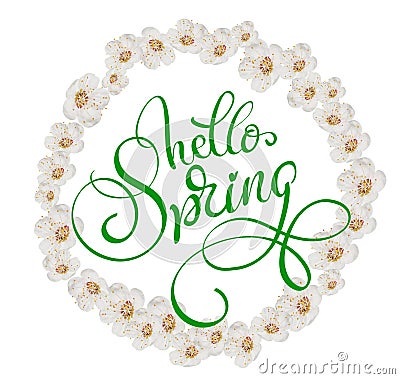 Round frame of white flowers isolated on background and text Hello Spring. Calligraphy lettering Stock Photo