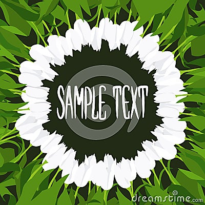 Round frame of white tulips painted by hand on black background. for your design. Vector Illustration