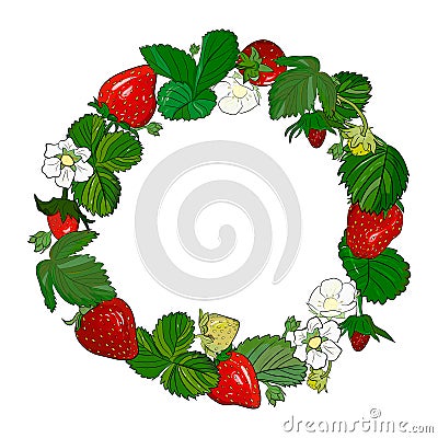 Round frame, wreath with realistic berries and leaves of ripe strawberries Vector Illustration