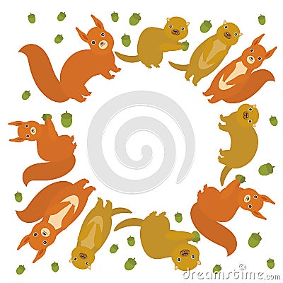 Round frame for your text Set of funny red squirrels with Gopher ground squirrel fluffy tail with acorn isolated on white Vector Illustration