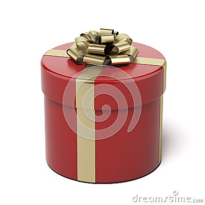 Round Gift Box With Golden Ribbon Bow Stock Photo