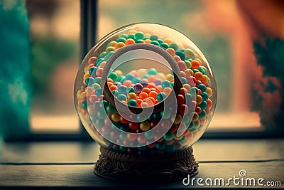 A round glass ball with multi-colored candies stands in a the window, vintage colors. Stock Photo