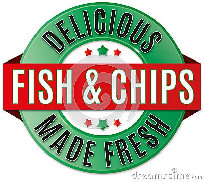 round delicious fish and chips badge Stock Photo