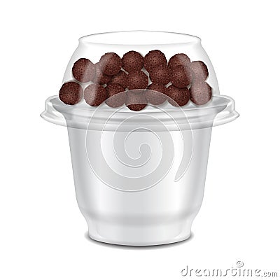 Round glossy plastic pot for sour cream, yogurt, jam, dessert. With topper with chocolate crunchies. Realistic packaging Vector Illustration