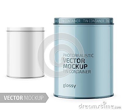 Round glossy tin can template with sample design. Vector Illustration