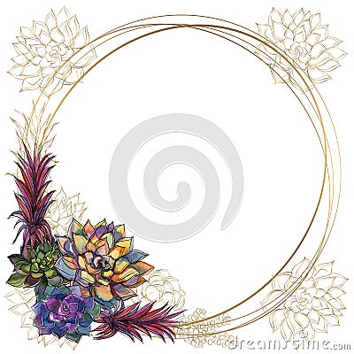 Round gold frame with succulents. Vector. Watercolor. Graphics Vector Illustration