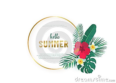 Round gold frame with tropical hawaii flower leaves bouquet vector background. Composition with exotic plants in simple Vector Illustration