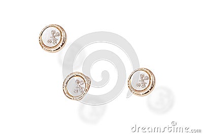 Round gold precious earrings ring with diamonds nacre and butterfly on white background. Stock Photo