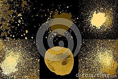 Round golden acrylic glittering paint grunge splatter isolated on black. Shimmer glow gold explosin spray stains abstract Vector Illustration