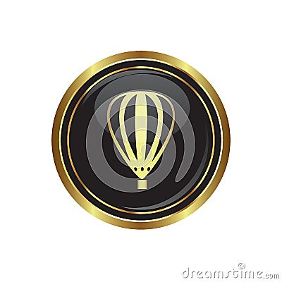 Round golden button with hot air balloon icon Vector Illustration