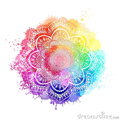 Round gradient mandala on white isolated background. Mandala over colorful watercolor Vector Illustration
