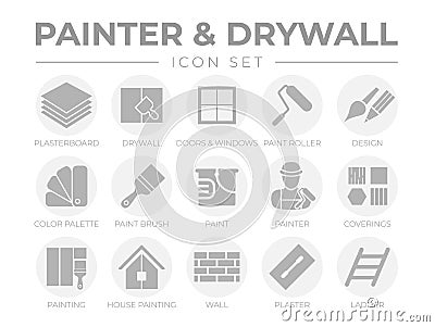Round Gray Painter and Drywall Icon Set with Plasterboard, Paint Roller, Brush, Painter Color Palette, Painting, Wall, Plaster, Vector Illustration