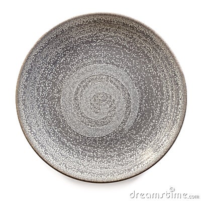 Round Gray Stoneware Plate Isolated Top View Stock Photo