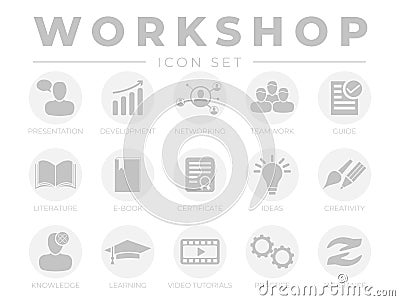 Round Gray Workshop Icon Set. Presentation, Development, Networking, Teamwork, Guide, Literature, E-Book, Certificate, Ideas, Vector Illustration