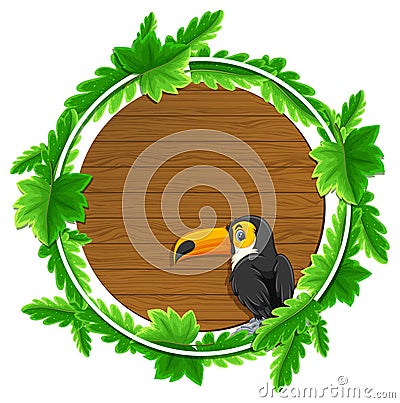 Round green leaves banner template with a toucan cartoon character Vector Illustration