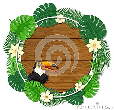 Round green leaves banner template with a toucan cartoon character Cartoon Illustration