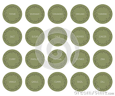 Round green spice labels, kitchen stickers Vector Illustration