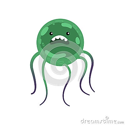 Round green bacterium or virus with several long thin legs isolated on white background Vector Illustration