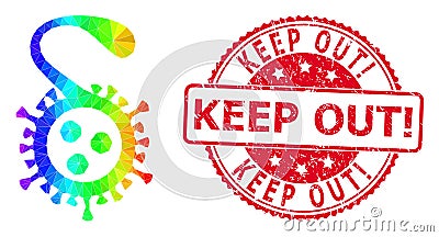 Round Grunge Keep Out! Stamp Seal with Vector Lowpoly Delta Virus Icon with Spectral Colored Gradient Vector Illustration