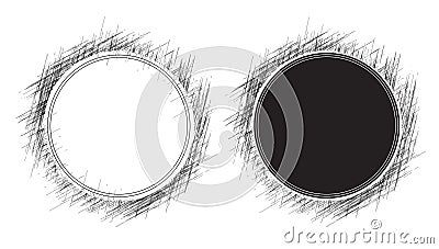 Round grunge shape black pencil hatching frame vector graphic element design illustration, retro vintage old chalk scribble circle Vector Illustration