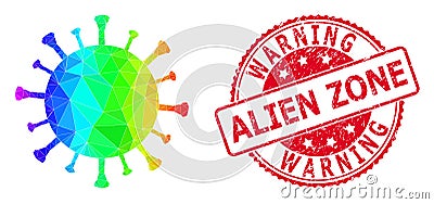 Round Grunge Warning Alien Zone Stamp with Vector Polygonal Red Virus Icon with Spectral Colored Gradient Stock Photo