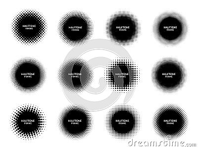Round halftone shape frames. Black circles with dotted texture, dots gradient and circle shapes label frame vector set Vector Illustration