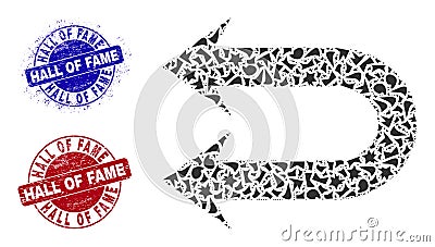 Double Left Arrow Mosaic of Debris with Hall of Fame Textured Stamps Vector Illustration