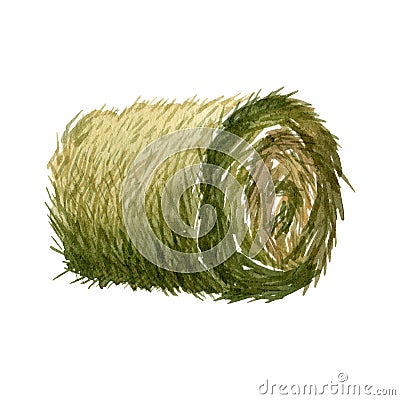 Round hay bale isolated on a white background. Watercolor illustration. Cartoon Illustration