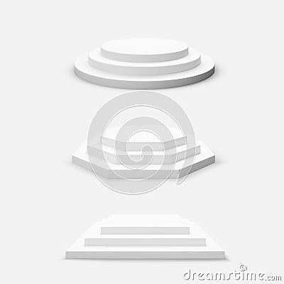 Round hexagonal and square stage set. Set of empty podiums isolated on white background Vector Illustration