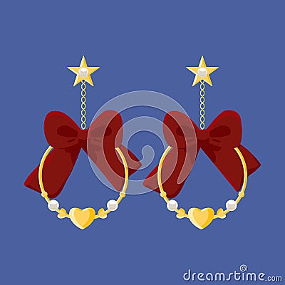 Round hoop dangle gold earrings with pearl, heart, diamond and red bow isolated on blue background. Woman Expensive luxury Vector Illustration