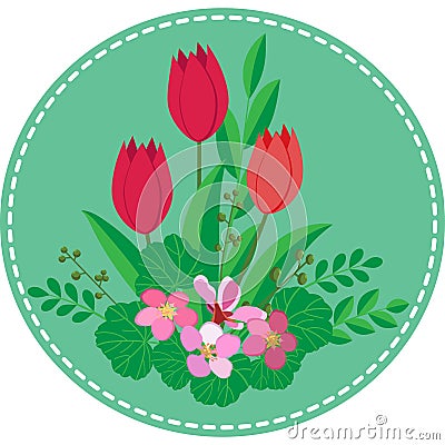Round icon-applique with a Bush of spring flowers and red tulips Vector Illustration